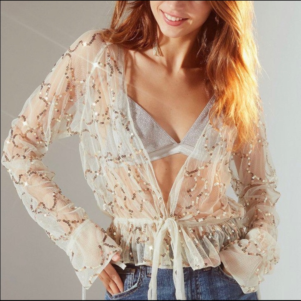 UO Stevie Sheer Sequin Tie-Front Top